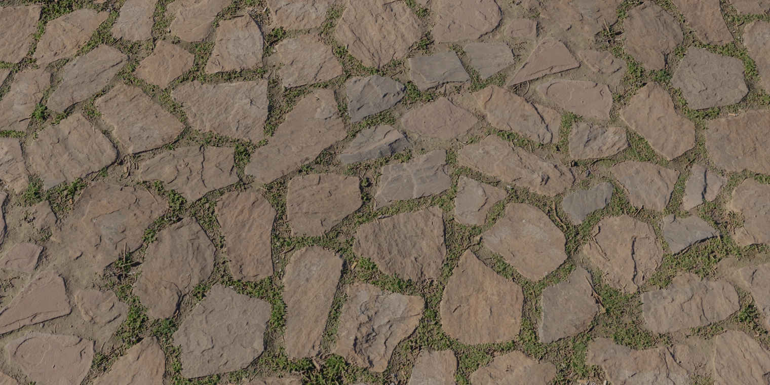 Free 8K texture of grassy cobblestone: weathered stone pavers with dirt-filled seams, scattered moss and trampled grass, with pronounced height and roughness.