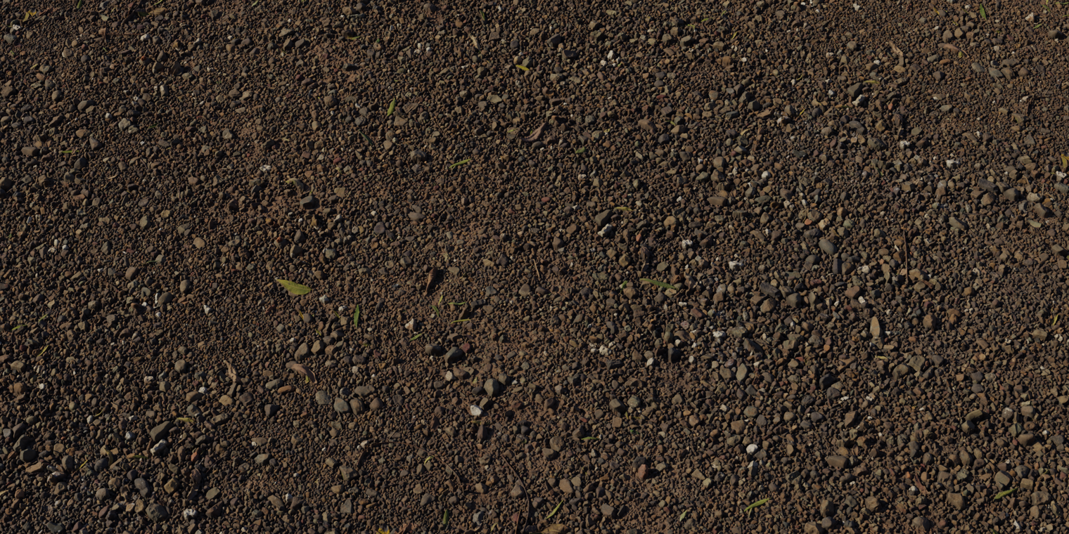 Free 8k gravel texture of dark, compacted driveway stones with mixed pebbles, dirt, scattered leaves and bits of plant debris.