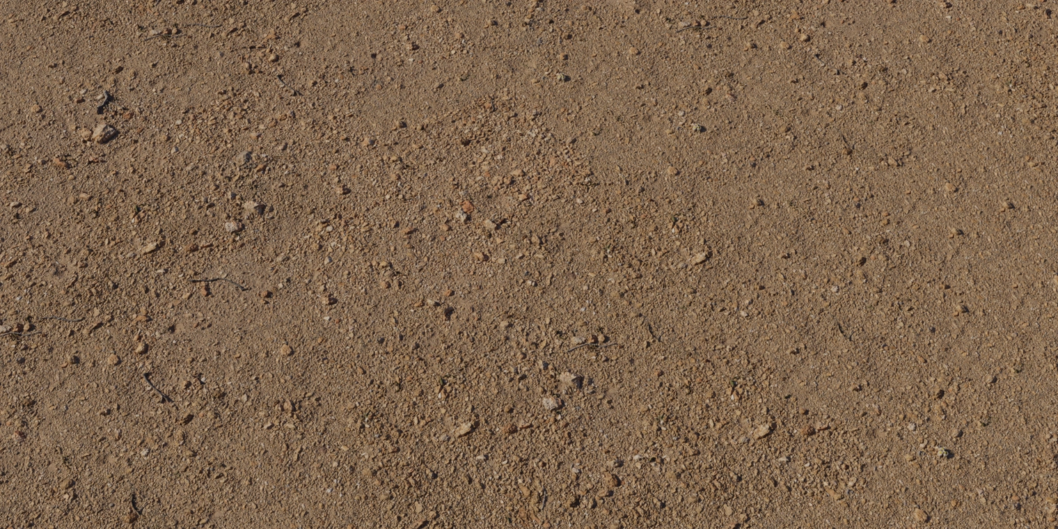 Free 16K texture of gravelly sand: coarse dusty brown surface with compacted soil, fine grit and scattered small stones and debris, rough granular detail.