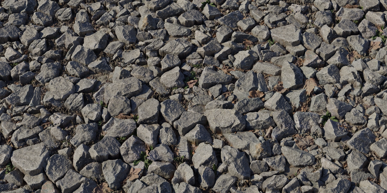Free 8K texture of uneven, angular gray rocks with rough, coarse faces, packed gravel gaps and scattered dirt and leaf debris - a natural rocky surface.