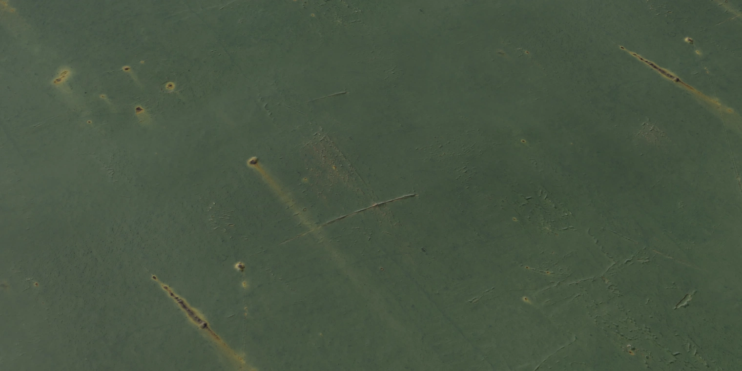 Free 8K texture of painted green metal with worn, scratched surface, subtle rust streaks around fasteners and peeling, low-sheen, weathered industrial finish.