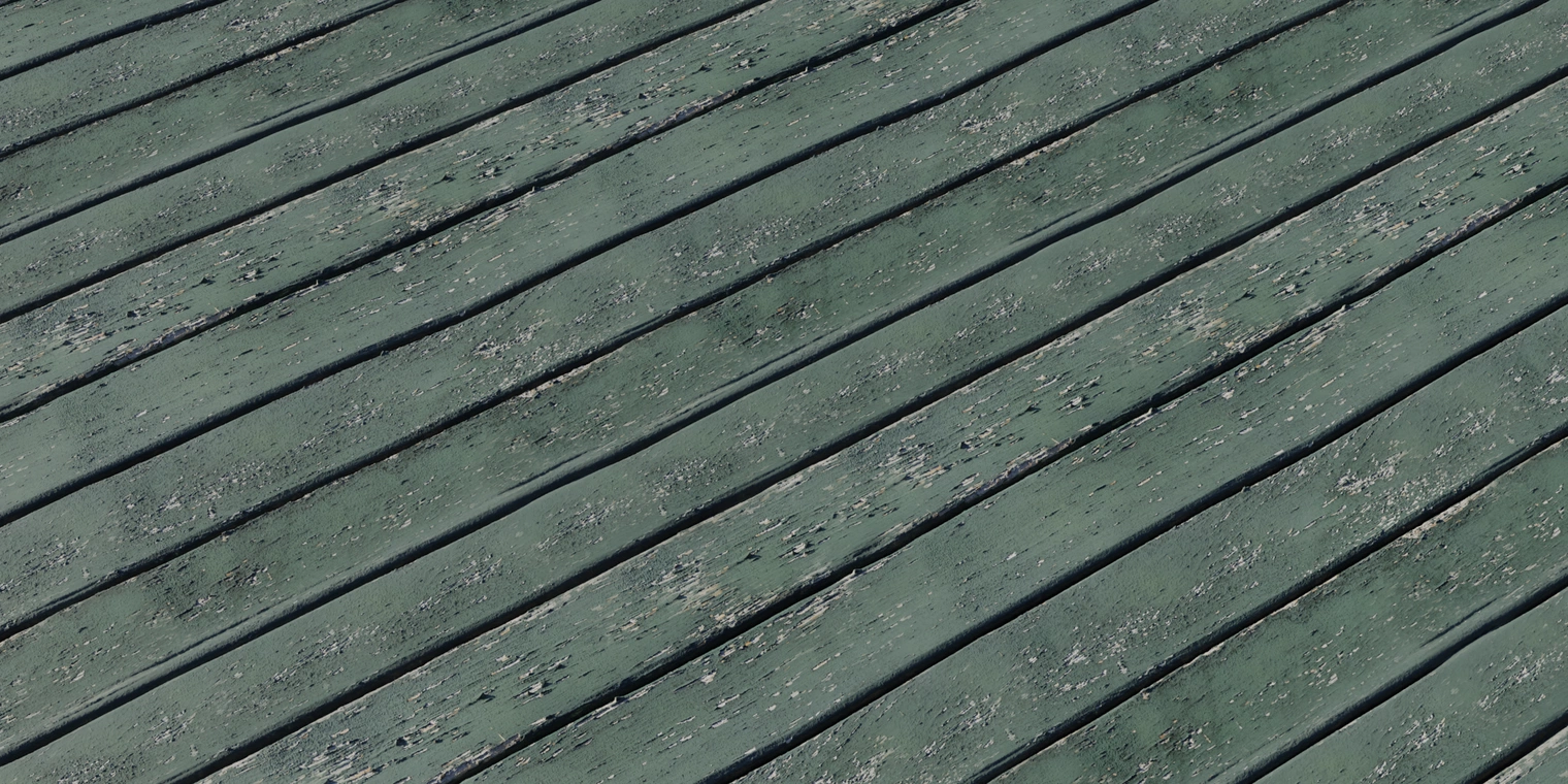 Free 8K texture of rough green-painted wooden planks with peeling paint, chipped edges, weathered grain, dirt streaks, and tight seams.