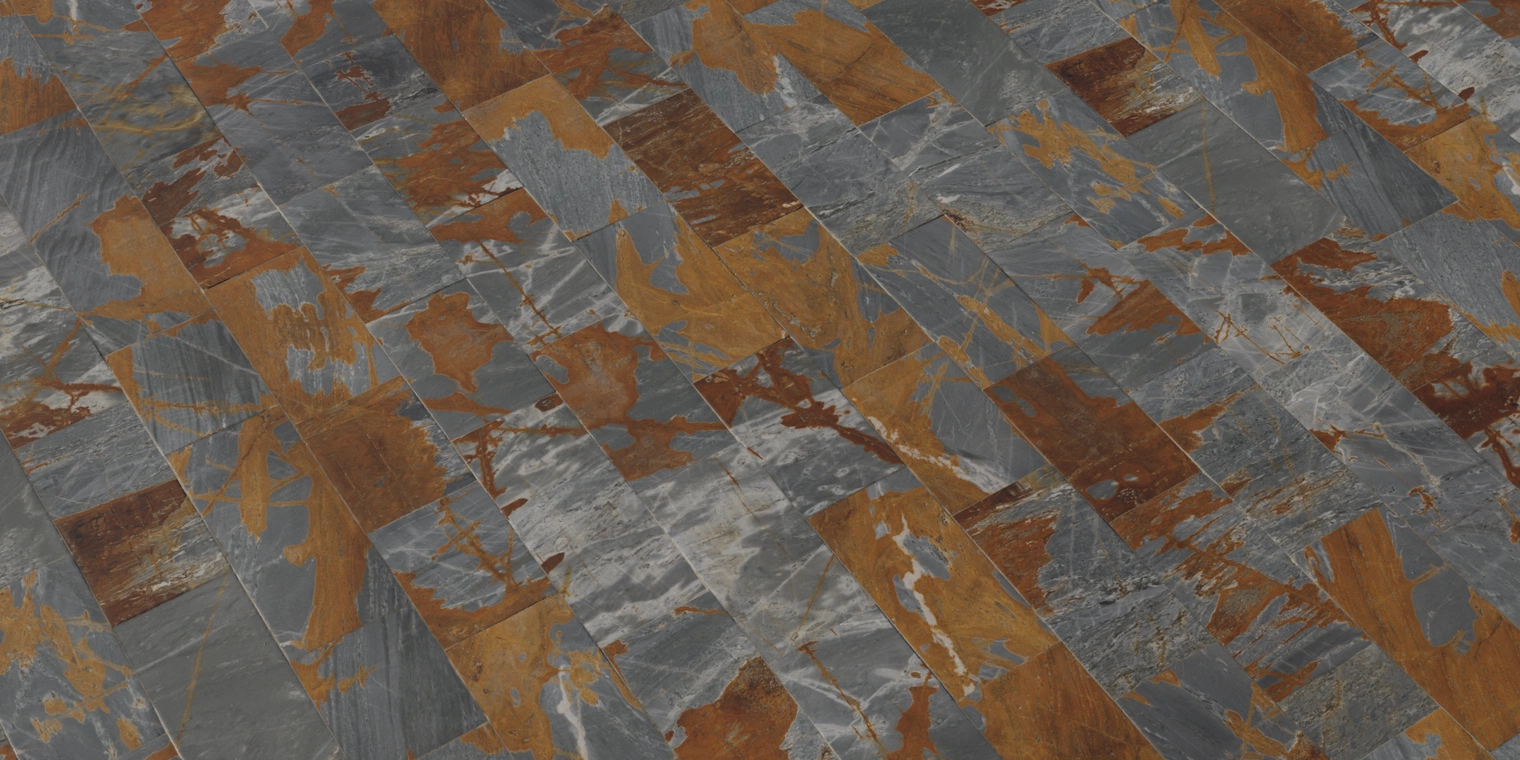 Free 16K natural stone tile texture - smooth grey marble/granite tiles with warm rusty veining, polished stone tile look for floor and tile surfaces.