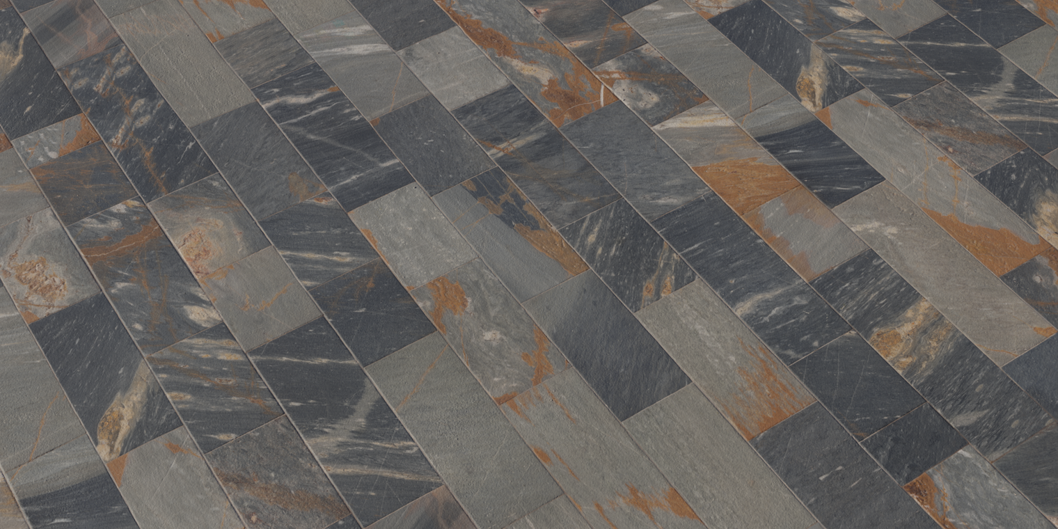 Free 16K texture: smooth grey stone tile with marble-like veining and warm rust accents; ideal for flooring and interior scenes.