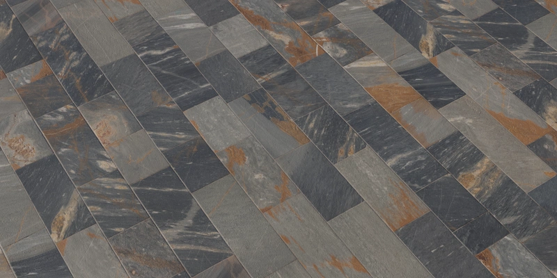 Free 16K texture: smooth grey stone tile with marble-like veining and warm rust accents; ideal for flooring and interior scenes.