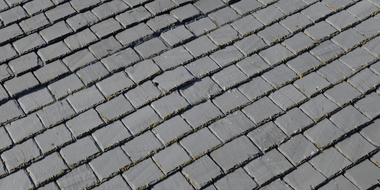 Free 8K texture of weathered grey slate roof tiles with moss and lichen in seams, chipped rough surfaces and subtle storm clips and fastening details.