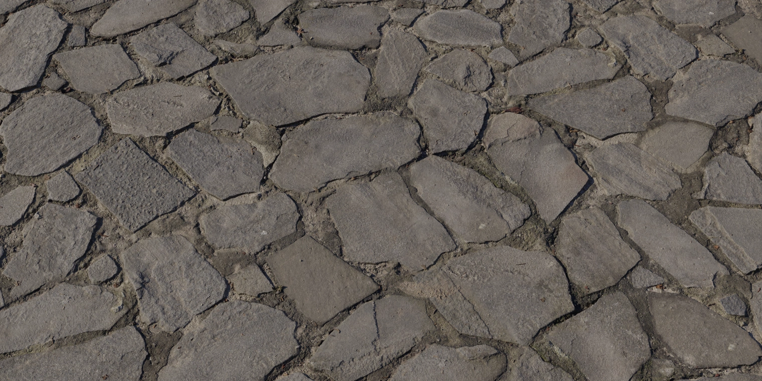 Free 16K texture of a grey stone path: irregular cobbles in aged mortar, worn edges, subtle moss in joints, rough matte stone surface with fine cracks.