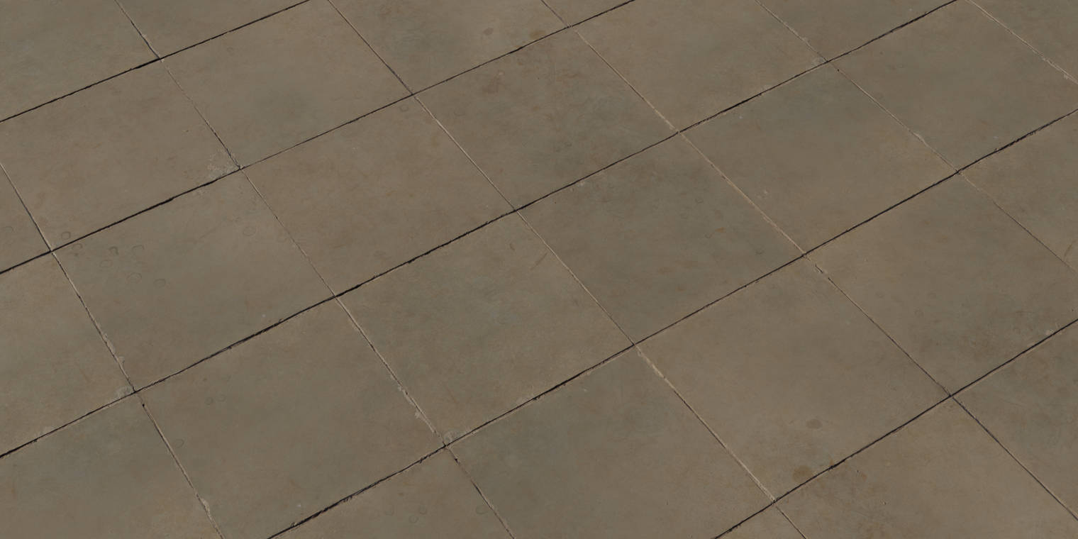 Free 8k texture of weathered grey concrete tiles with subtle grime, discoloration, shallow grout lines and a matte stone surface.