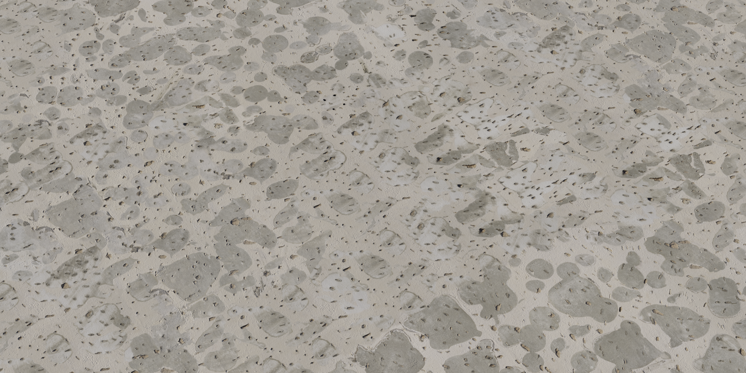 Free 8K texture of hacked concrete: light beige-gray cement with rough chisel marks, scattered dark patches and pores, subtle gloss, varied depth and grain.