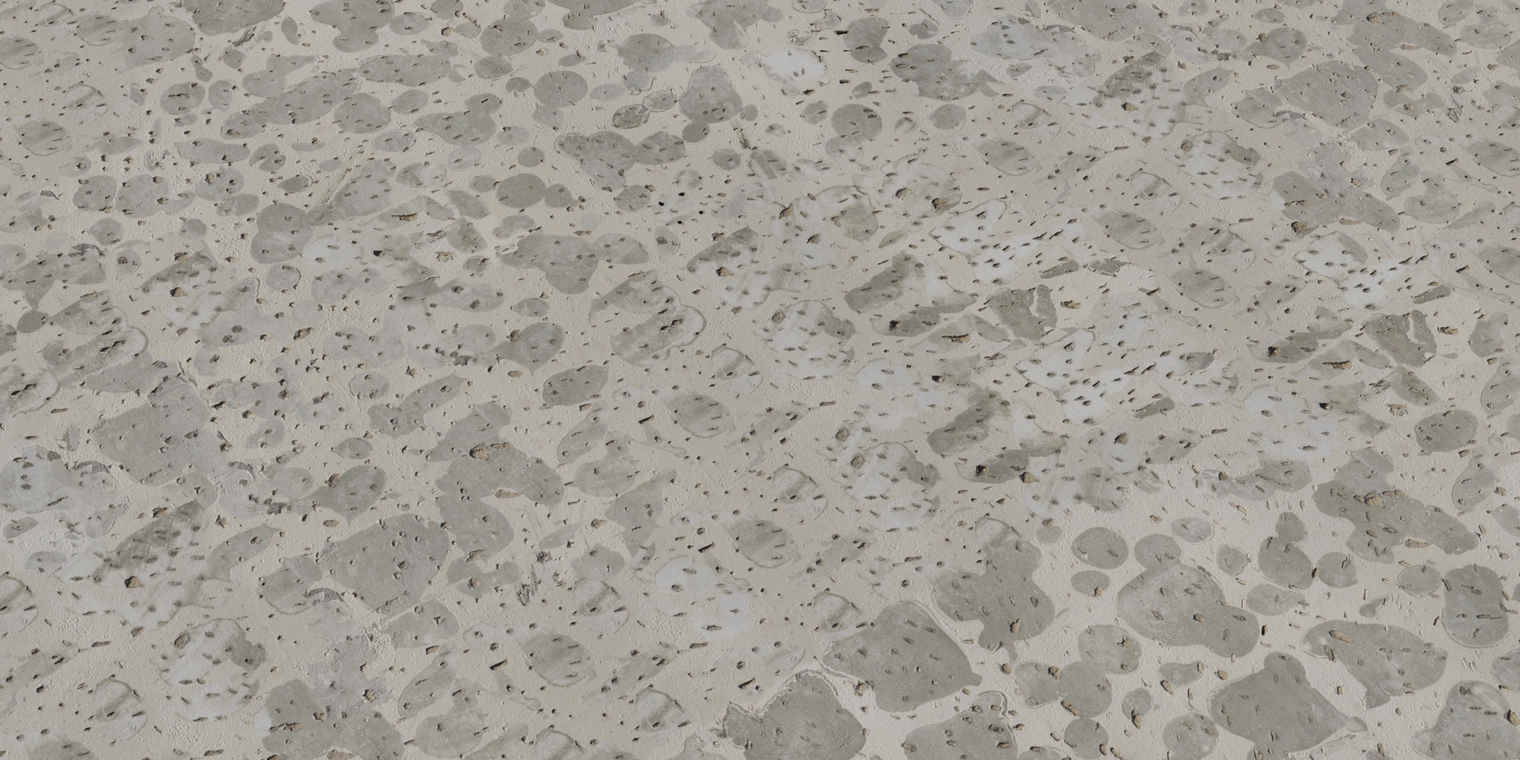Free 8K texture of hacked concrete: light beige-gray cement with rough chisel marks, scattered dark patches and pores, subtle gloss, varied depth and grain.