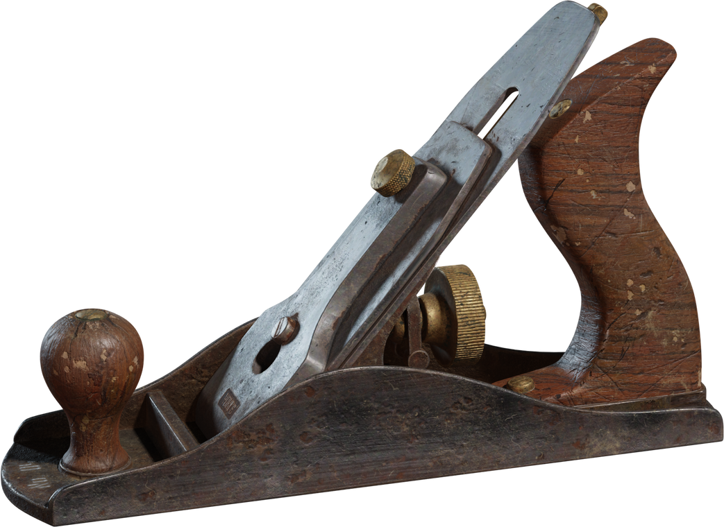 Free 8K model of a vintage No.4 wooden hand plane, worn wood handles, patinated steel body, brass adjustment knobs and chips, with richly detailed workshop-worn textures.