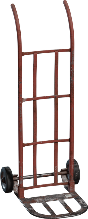 Free 8K hand truck model with chipped red paint, rusted steel frame, worn toe plate, and rubber wheels. Realistic wear, curved handles, and solid bars.