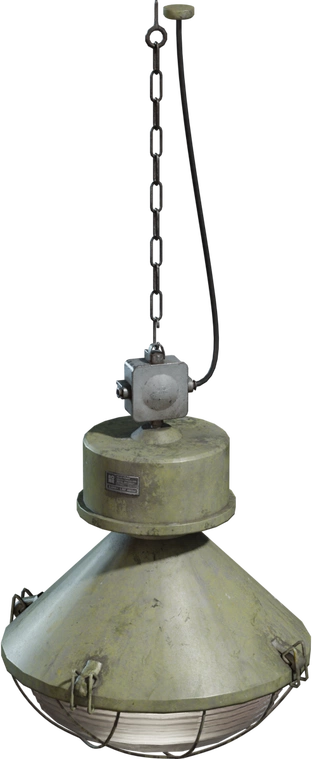Free 4K model of a hanging industrial metal lamp with chipped green paint, chain-and-cable suspension, protective wire cage and weathered, scratched surfaces.