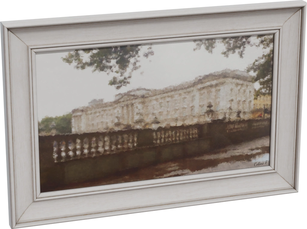 Free 8K model of a vintage wooden hanging picture frame with distressed white finish and faded painted artwork - perfect for decorative wall scenes and period interiors.