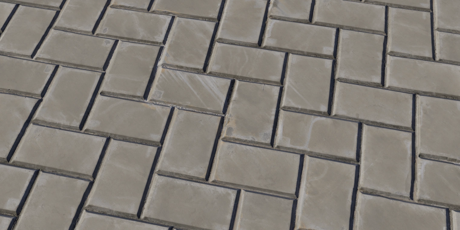 Free 8K texture of weathered herringbone concrete tiles, rough and scuffed with discolored stains, pronounced grout lines, chipped edges and a subtle worn sheen.