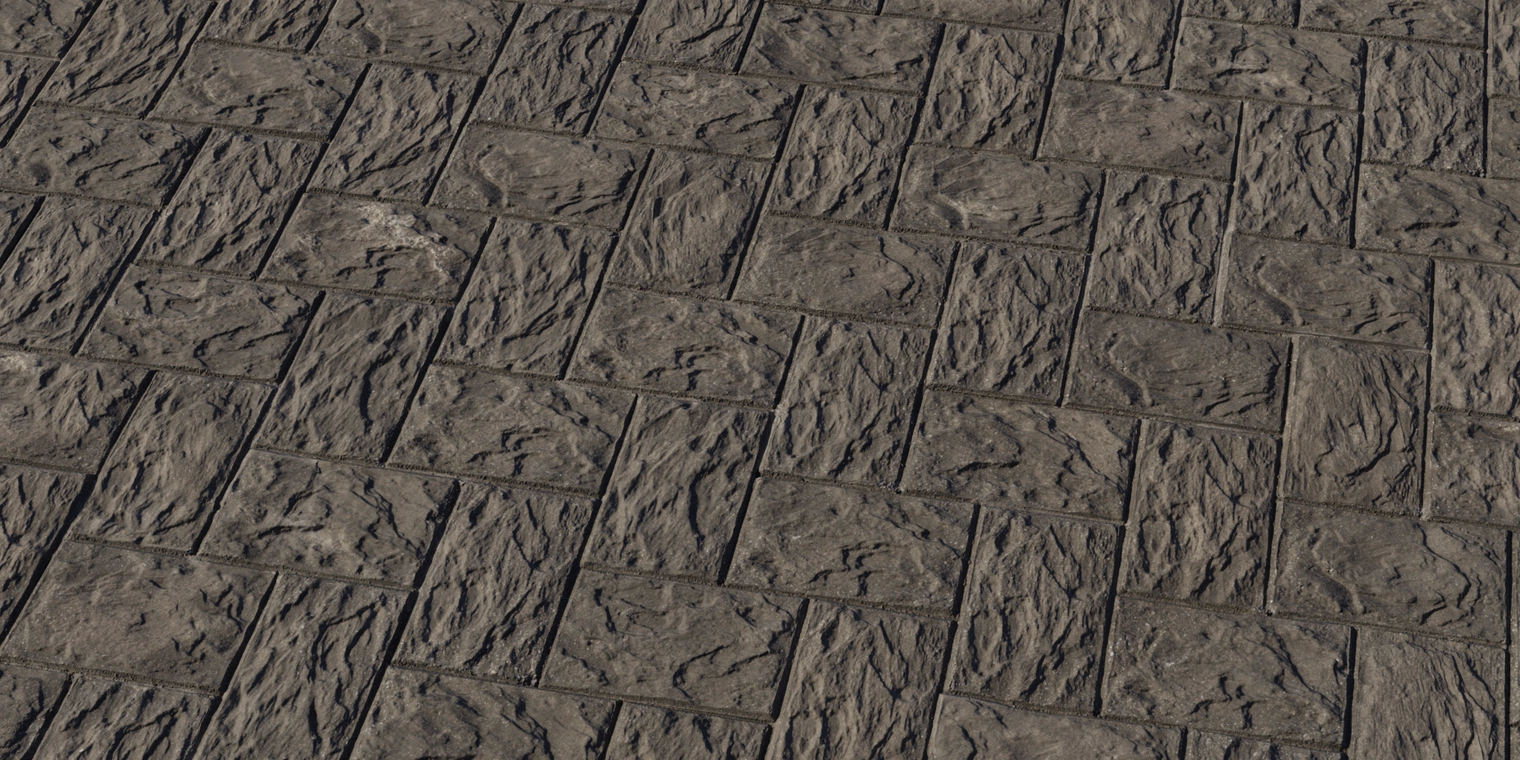 Free 8k texture: weathered herringbone concrete tiles with rough, uneven, chiseled block surfaces, deep grout lines and subtle urban weathering.