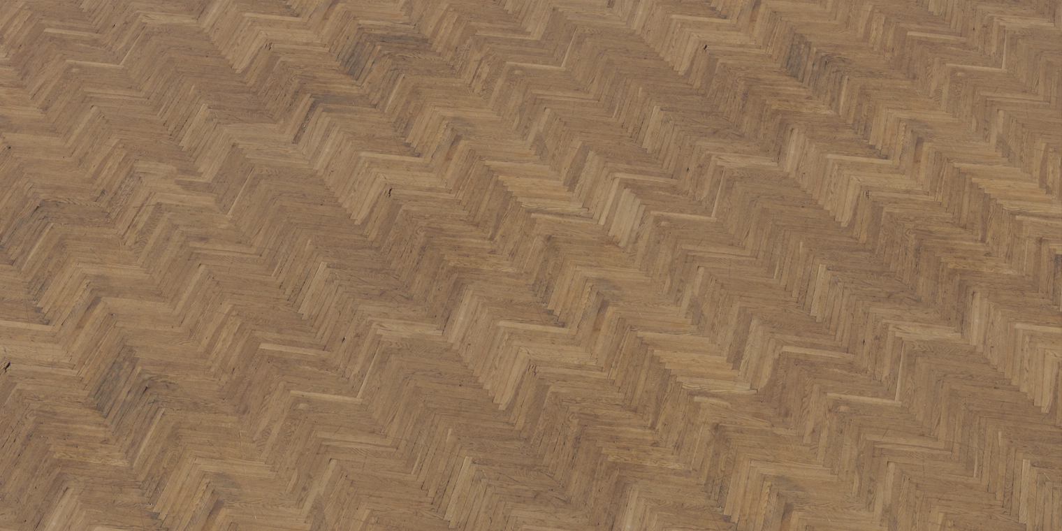 Free 16K texture of glossy herringbone parquet - smooth, coated wooden planks with polished shine and subtle grain, ideal for interior flooring materials.