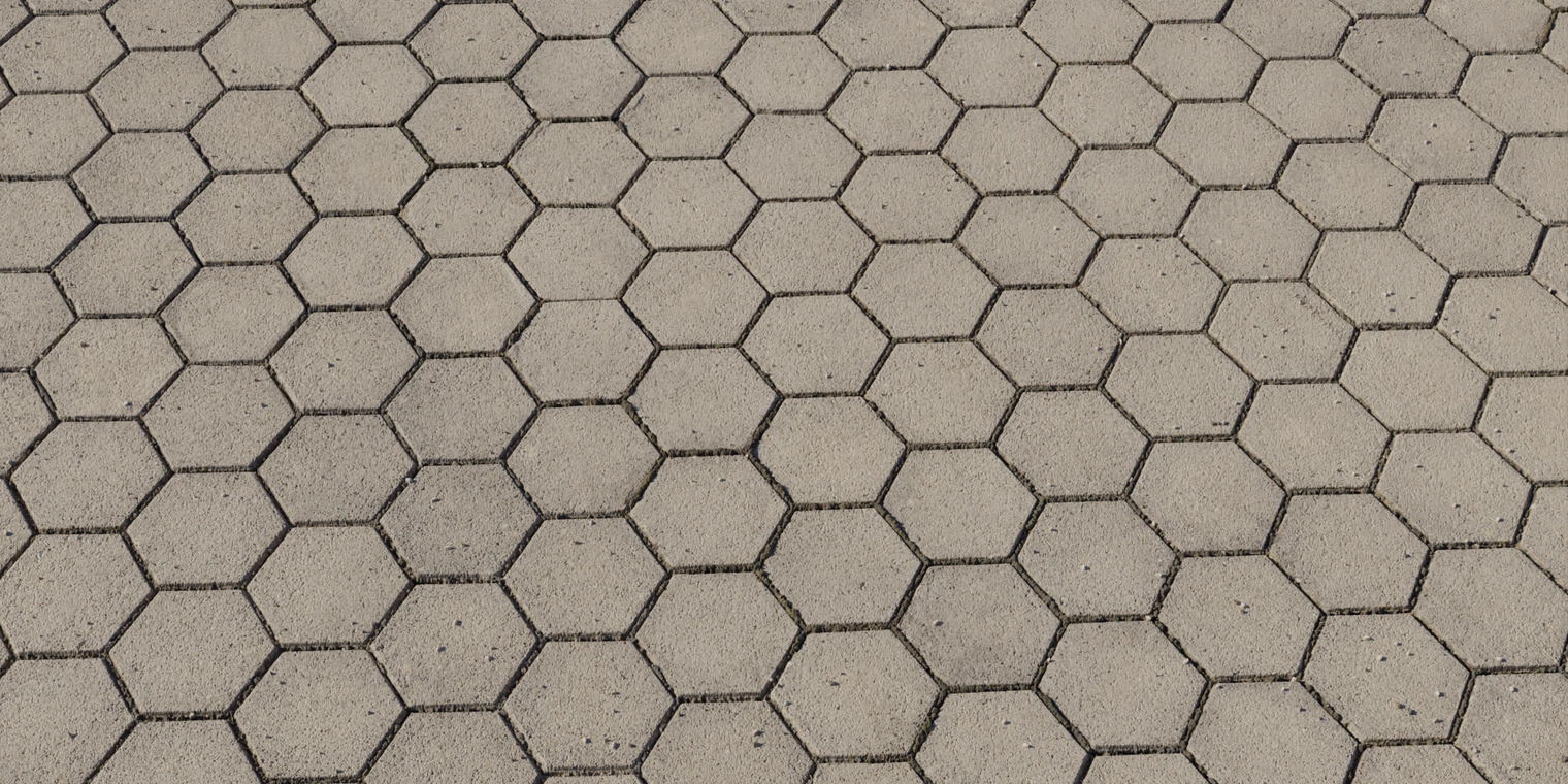 Free 8K concrete texture of hexagonal paving tiles: matte, slightly rough surface with fine aggregate, worn edges, dark grout lines and subtle depth.