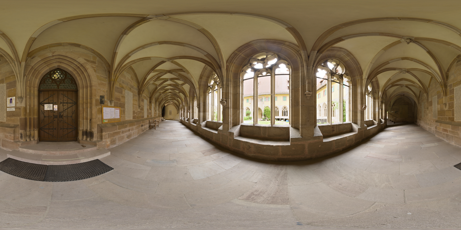 Unclipped, free 24K HDRI of a historic cloister with warm stone arches, soft overcast skylight from courtyard windows, soft shadows and a low-contrast mood.