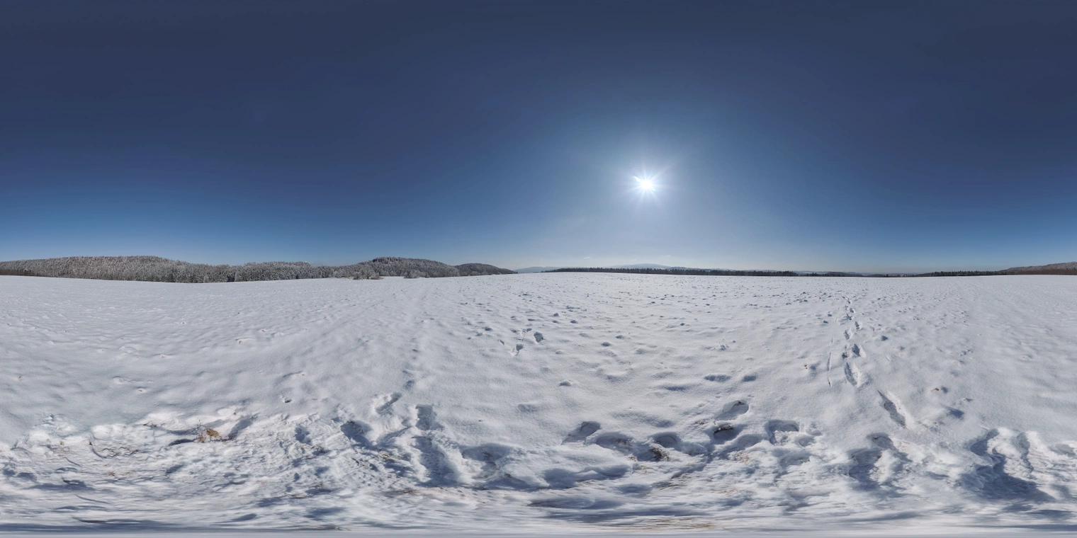 Free 29K unclipped HDRI. Crisp high-contrast afternoon sun over a snowy field and forest; clear blue sky, cool tones and strong directional light.