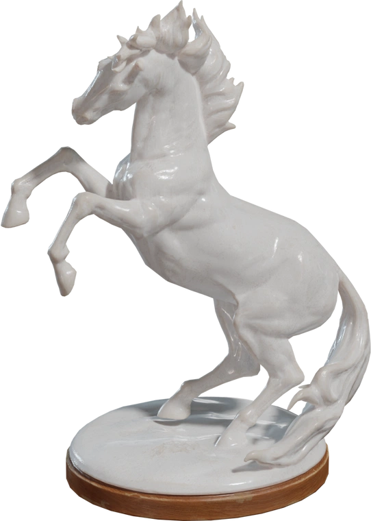 Free 8K model - glossy white porcelain horse figurine rearing on a round wooden base, with detailed mane, musculature and an elegant sculptural finish.