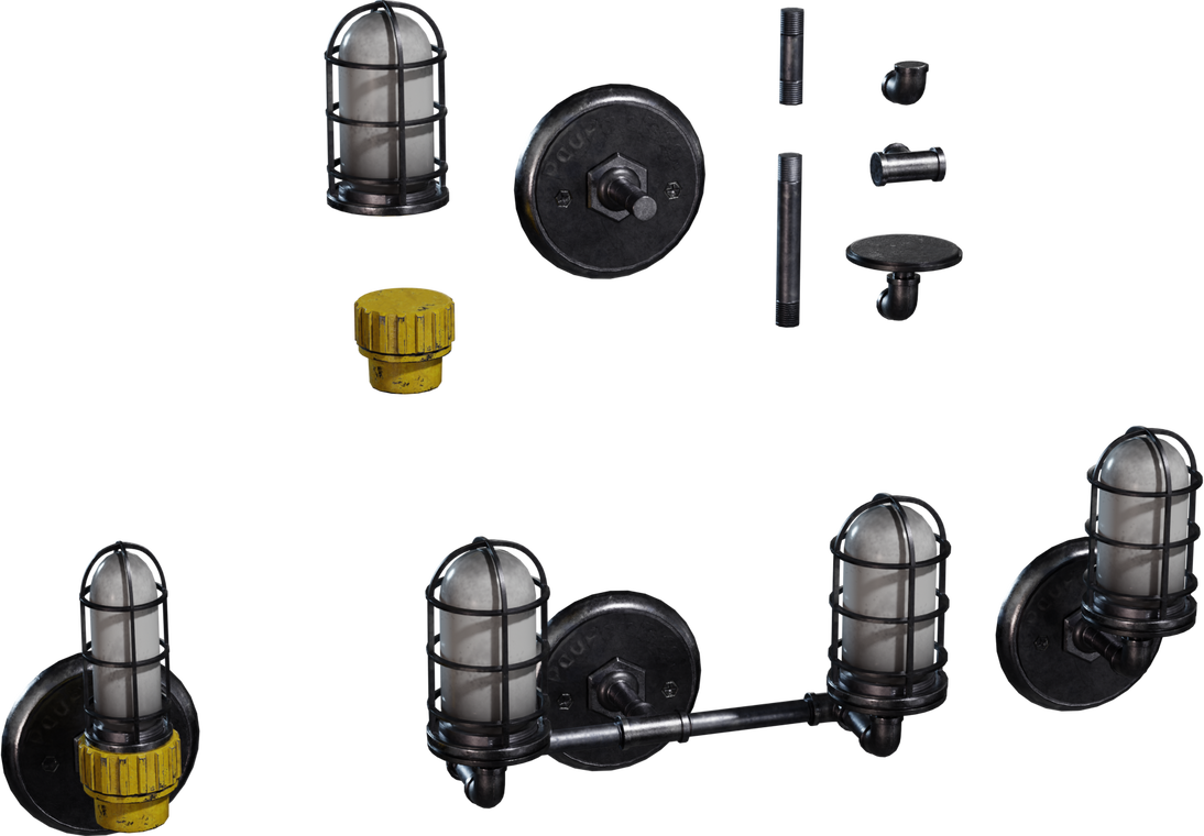 Free 4K industrial wall sconce model with caged frosted glass, weathered black steel, yellow valve cap, wall plate, and modular single or double pipe setups.