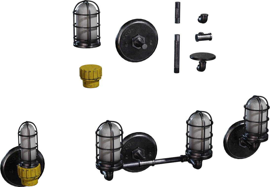 Free 4K industrial wall sconce model with caged frosted glass, weathered black steel, yellow valve cap, wall plate, and modular single or double pipe setups.