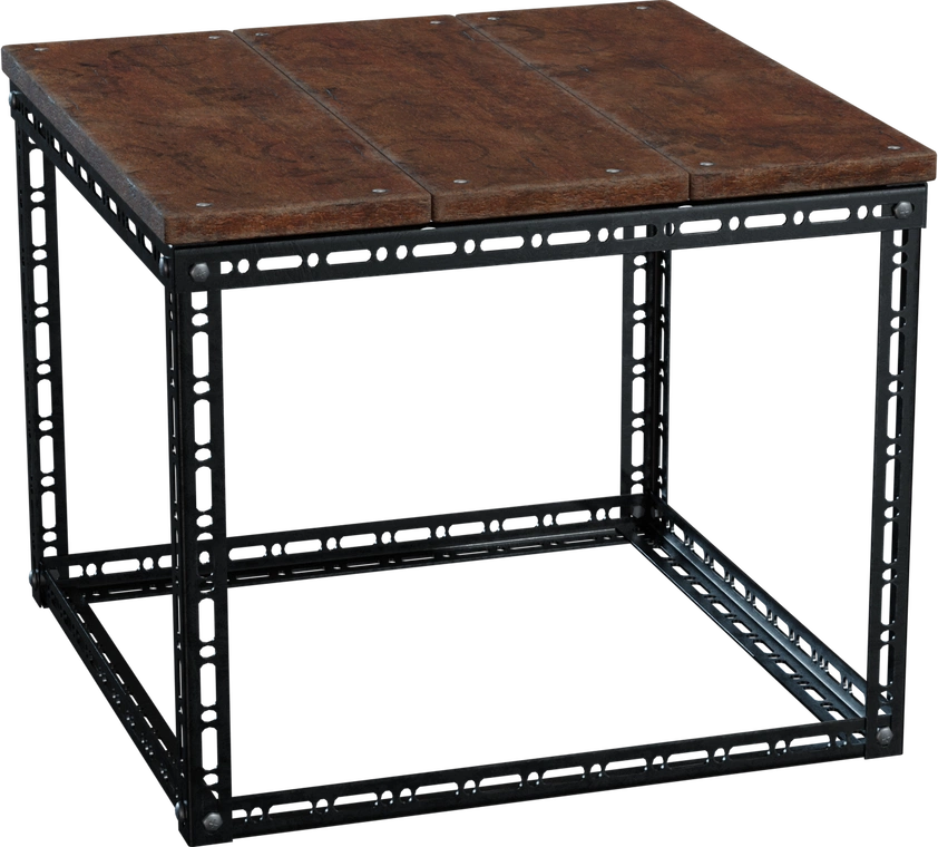 Free 4K model - industrial coffee table with perforated steel frame, bolted rustic wood top; rugged workshop/garage character perfect for urban loft scenes.