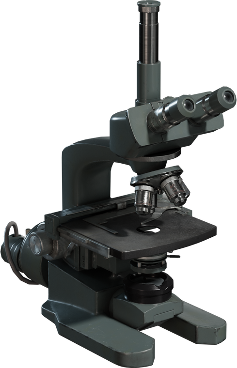 Free 4K model of a vintage industrial microscope with binocular head, triple objective turret, textured cast-metal body, worn paint, and detailed knobs.