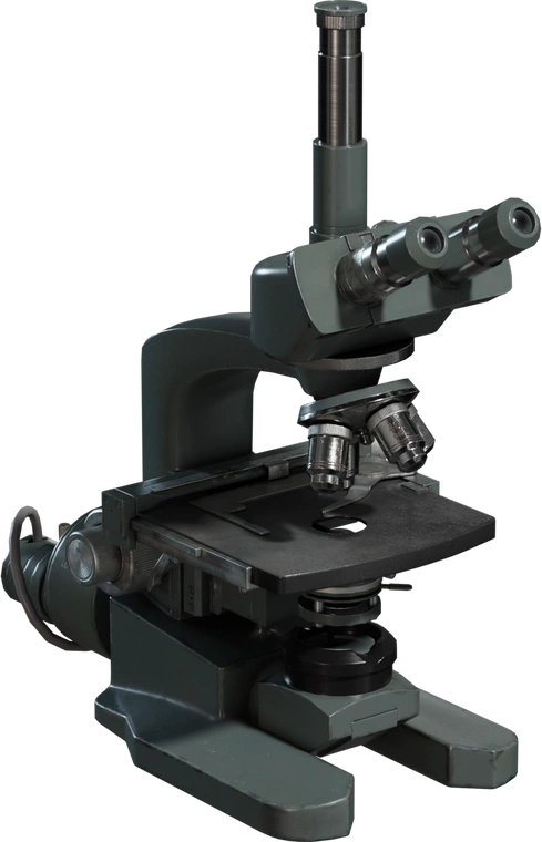 Free 4K model of a vintage industrial microscope with binocular head, triple objective turret, textured cast-metal body, worn paint, and detailed knobs.