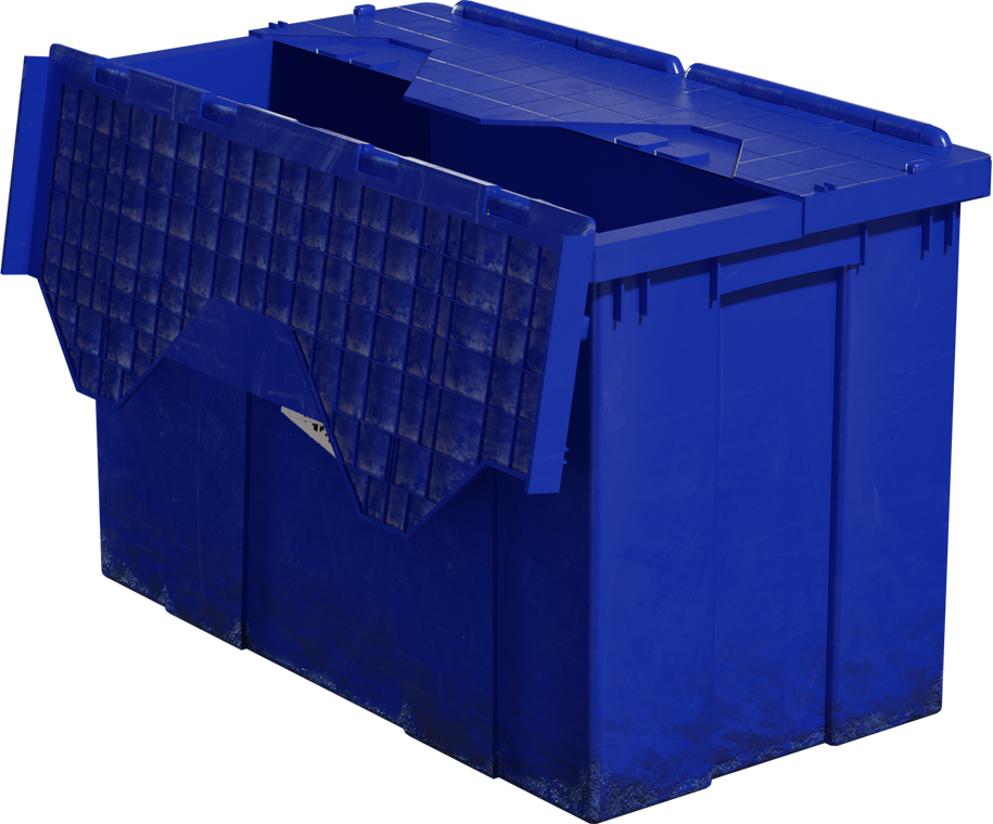 Free 4K model of an industrial blue plastic container with hinged grid lids, scuffed wear, a dirtied base, molded ribs, and small sticker details.