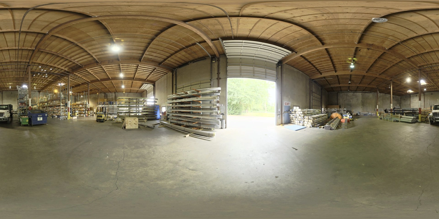 Free 16K HDRI, unclipped - warm indoor warehouse lighting with high-contrast artificial lamps, bright open bay daylight, long soft shadows and industrial mood.