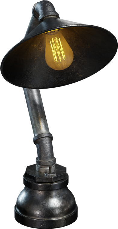 Free 4k model of an industrial pipe lamp with weathered metal, heavy bolted base and exposed filament bulb.