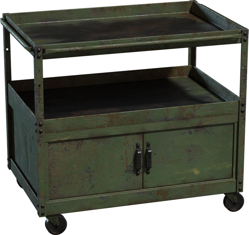 Free 8K model of a weathered industrial storage cart with riveted steel frame, two trays, lower double-door cabinet, rolling casters, chipped paint and rust.
