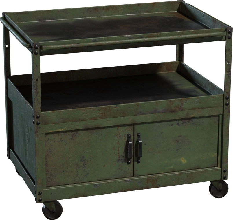 Free 8K model of a weathered industrial storage cart with riveted steel frame, two trays, lower double-door cabinet, rolling casters, chipped paint and rust.