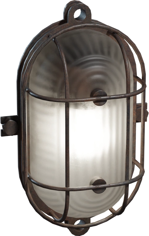 Free 4K model, rusted metal industrial wall lamp with protective cage, frosted ribbed glass, bolted mounts and a weathered bunker/factory look.