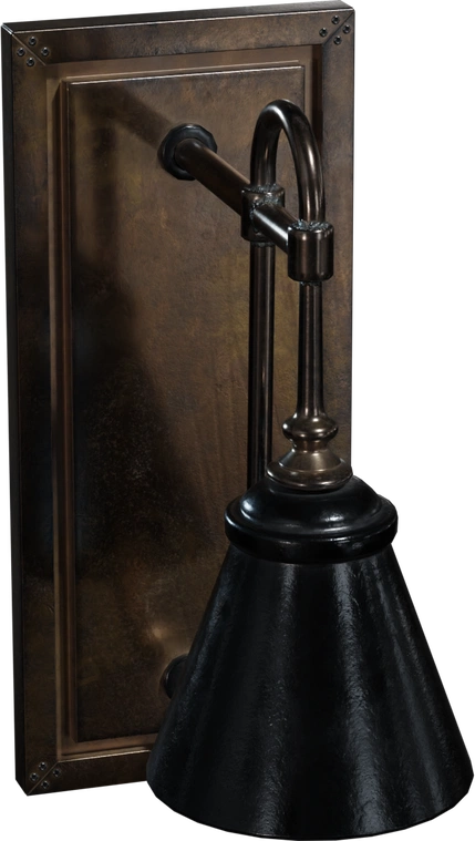 Free 4K model: vintage industrial wall sconce with aged brass/copper backplate, curved arm and black conical shade showing worn, rustic patina.