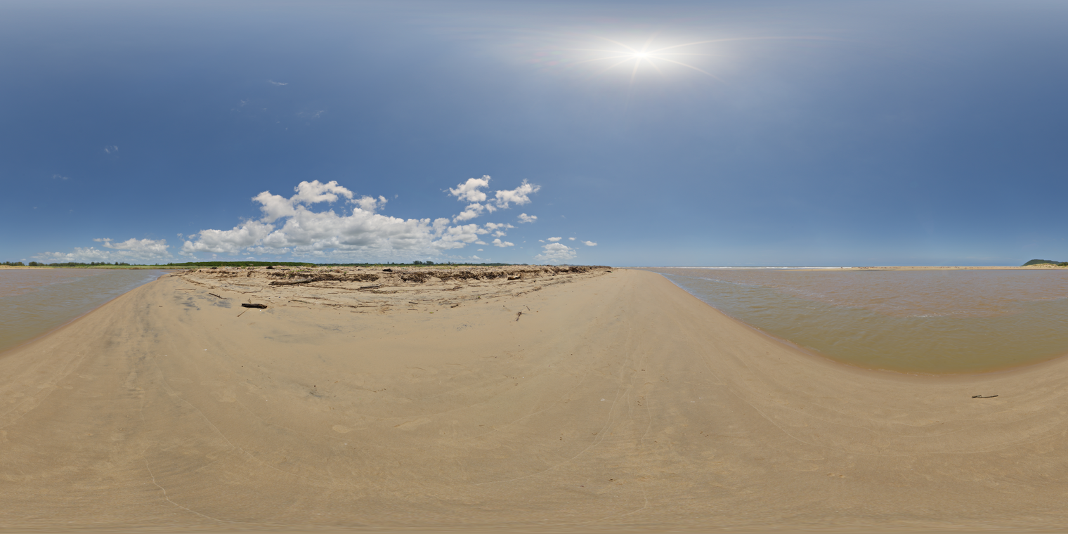 Free 24K unclipped HDRI of a bright beach estuary: sandy bar between surf and muddy river, clear blue sky with cumulus, hard noon sun, high contrast.