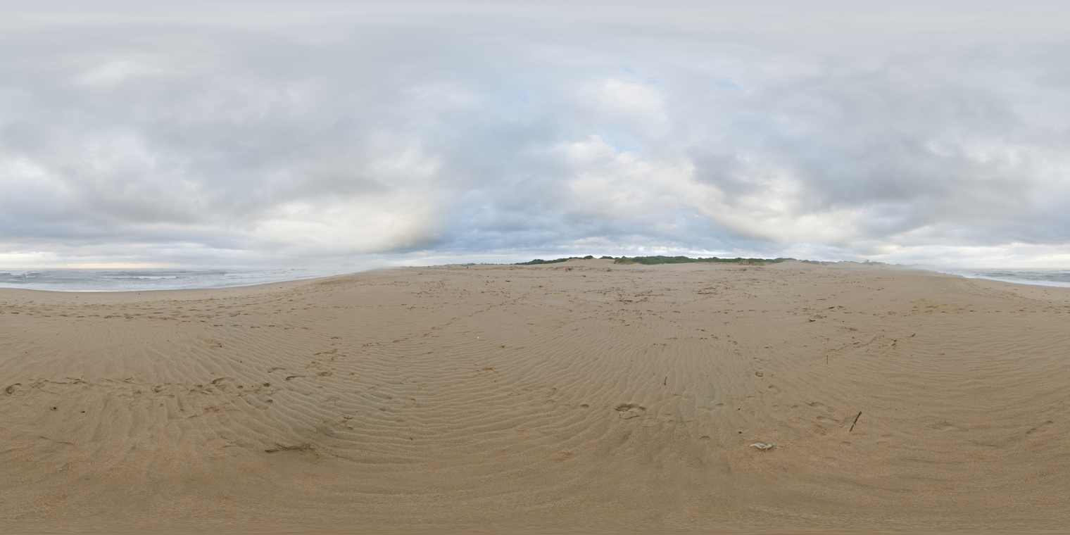 Unclipped, free 24K HDRI of a morning beach: overcast sky with bright breaks, cool soft light, minimal shadows, and a calm, damp sand foreground.