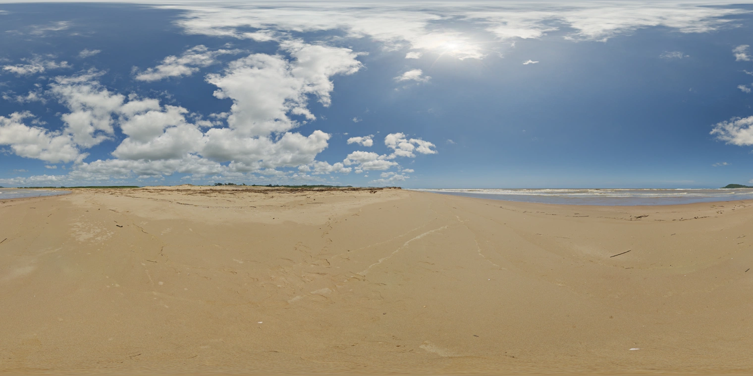 Unclipped, free 24K HDRI of a sunny sandy beach; deep blue sky with scattered clouds, high sun, strong contrast, bright, airy mood, wet shoreline.