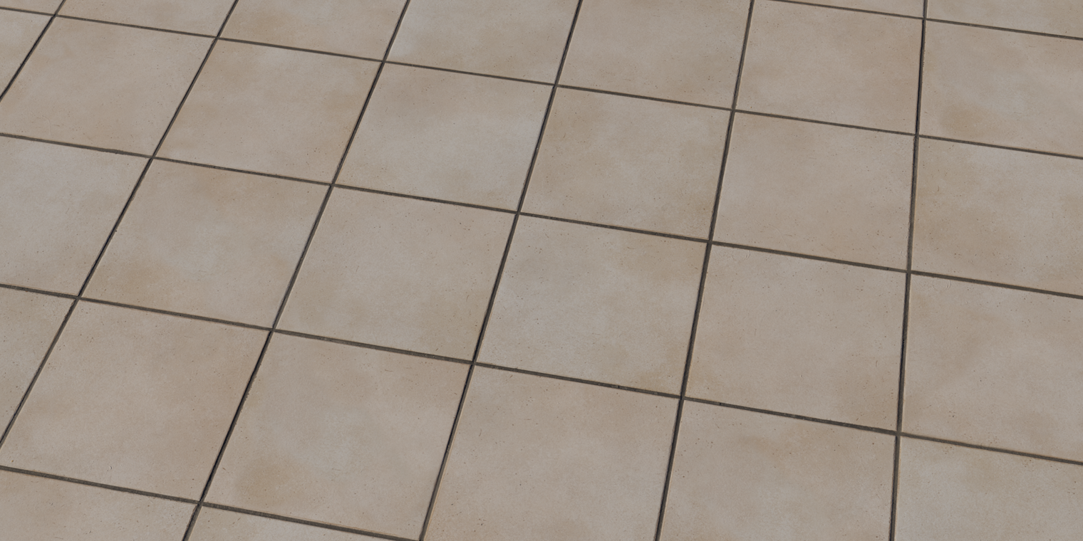 Free 16k material of beige ceramic square tiles with dark grout lines, subtle surface speckle, soft bevels and a low-sheen, slightly worn indoor flooring look.