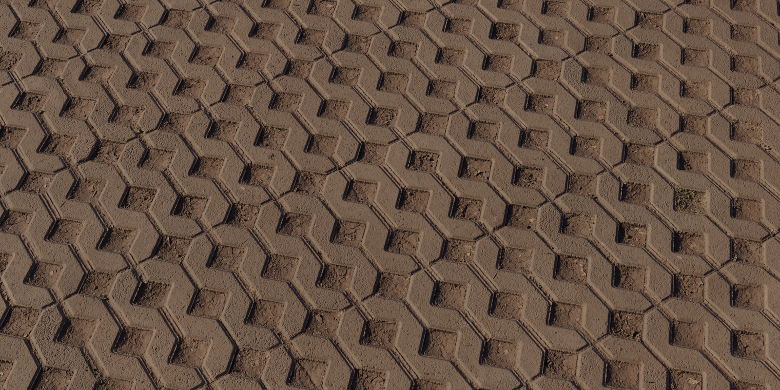 Free 16k concrete pavers texture with interlocking geometric blocks, rough worn surface, dirt-filled joints and earthy brown tones with pronounced surface relief.