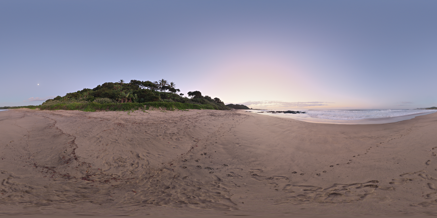 Unclipped, free 20K HDRI of Ivy Beach at dawn: pastel blue-pink sky, pre-sunrise warm glow, cool sand and sea, soft low-contrast light with gentle shadows.