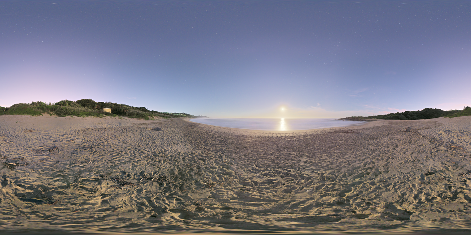 Unclipped, free 20K HDRI of a quiet beach at night: cool clear sky with stars, bright moon on calm water, rippled  trodden sand.