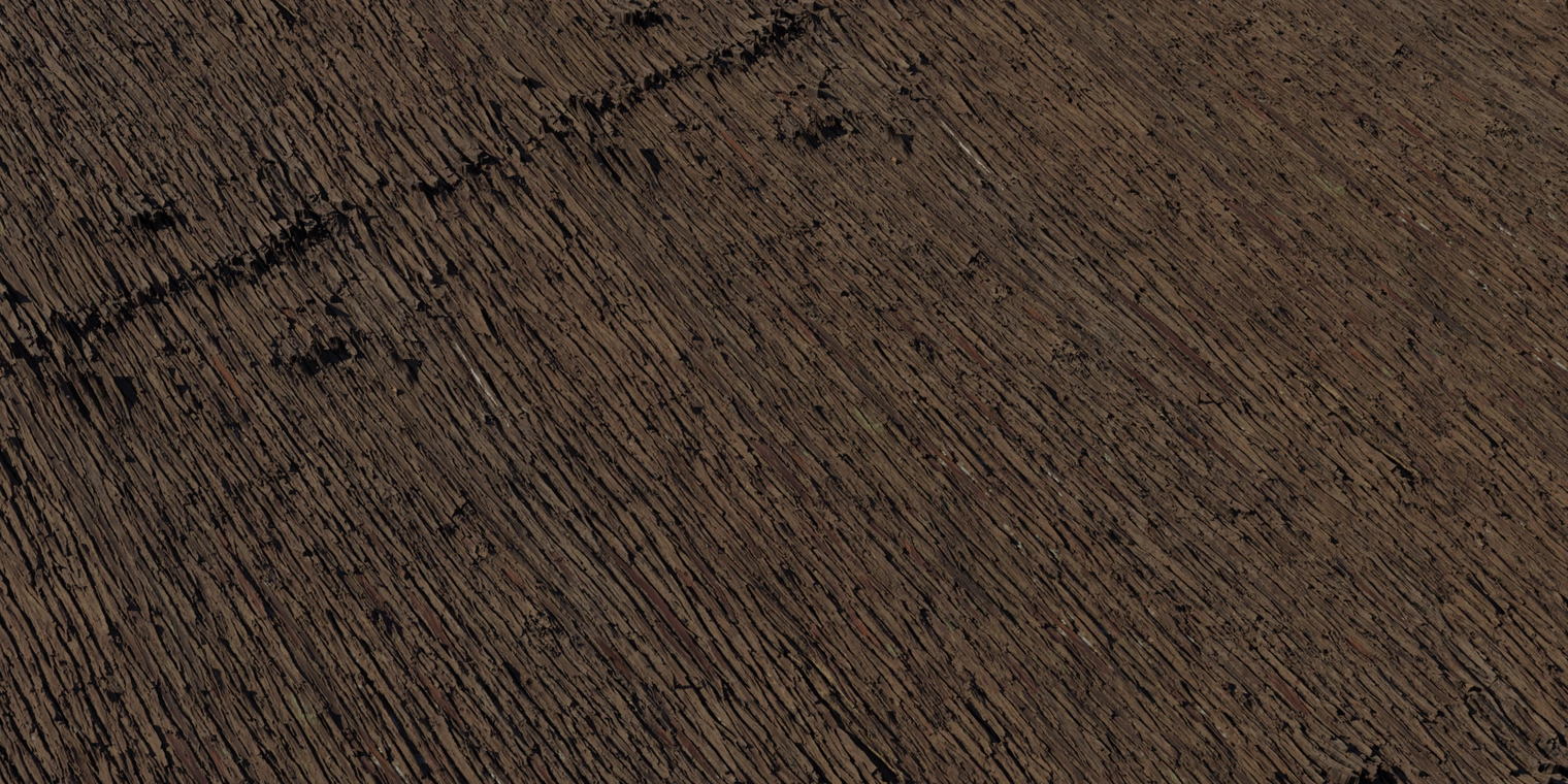 Free 16K texture of Japanese cedar bark - rough, fibrous vertical ridges, deep dark-brown weathered tones.