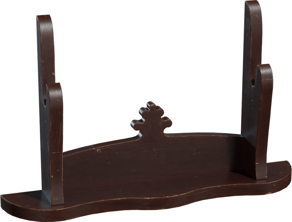 Free 8K model of a simple painted wooden katana stand with worn brown finish, curved base, slotted uprights and a small decorative central crest.