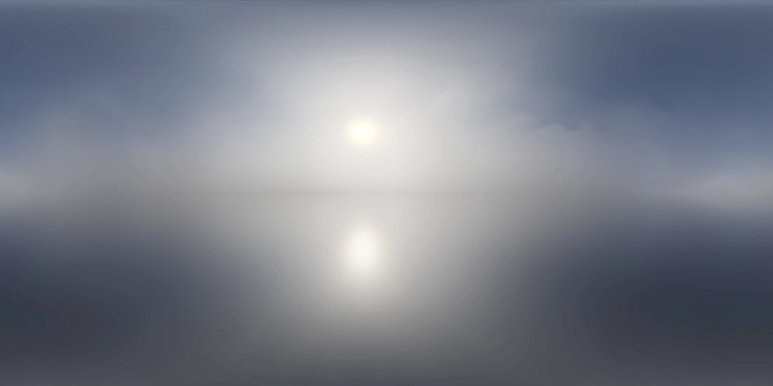 Free 24K HDRI, unclipped - misty pure sky with soft, diffused sun, medium contrast and gentle haze for natural morning/afternoon lighting and reflections.