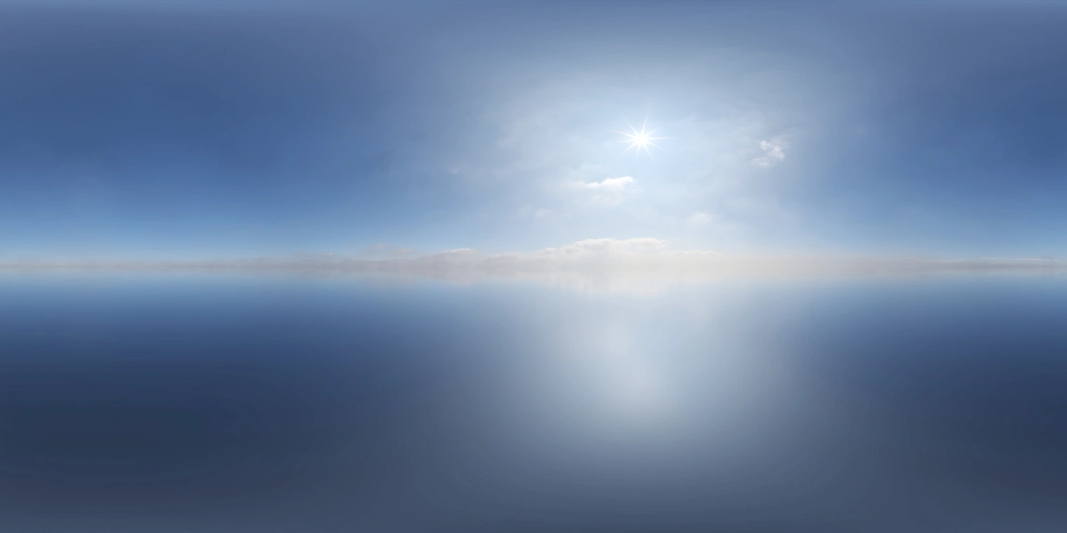 Free 24K, unclipped HDRI. Bright midday pure sky with a crisp sun, high-contrast lighting, soft horizon haze and clean blue tones.