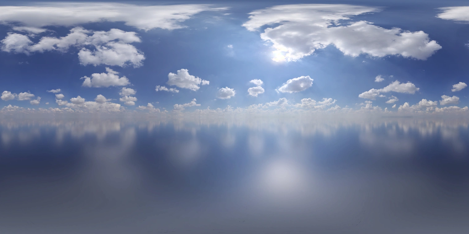 Free 16K unclipped HDRI - midday partly-cloudy pure sky with bright sun, high-contrast natural light and crisp clouds for realistic outdoor lighting.