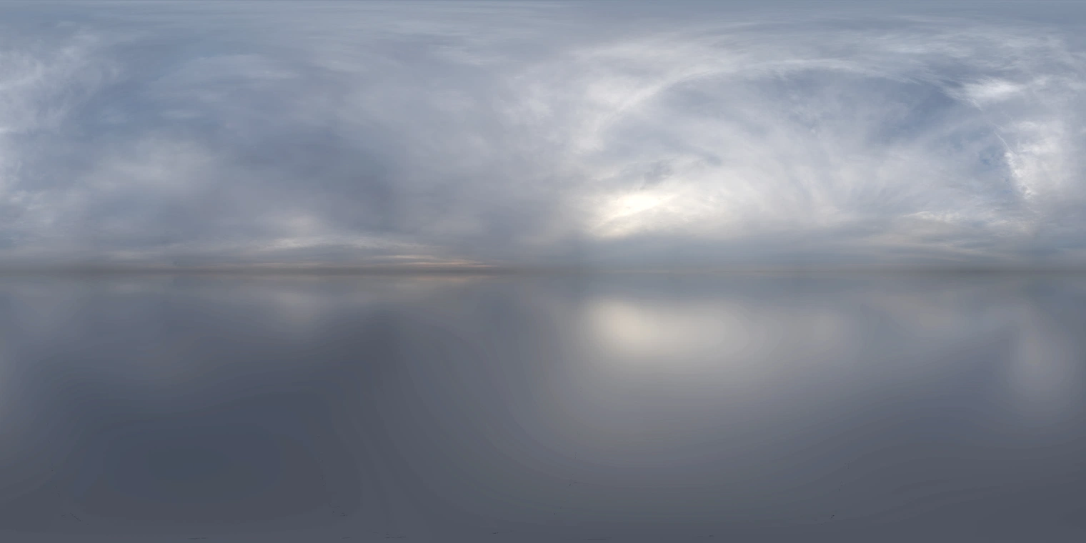 Unclipped, free 24K HDRI with soft, low-contrast overcast light, cool diffuse morning/afternoon sky with a subtle sun glow and gentle reflections.